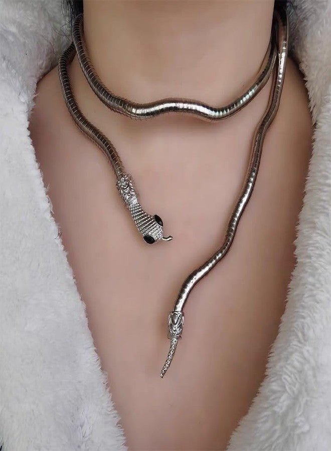 ANGLEQUEEN Medusa Costume Women Gold Silver Black Snake Necklace Adjustable Punk Bracelet Choker Flexible Snake Bracelets Halloween Witch Accessorie Jewelry A-Silver - Image 2